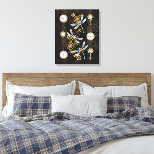 Steampunk Dragonflies op bruine gestreepte achterg Canvas Afdruk (Insitu (Slaapkamer))