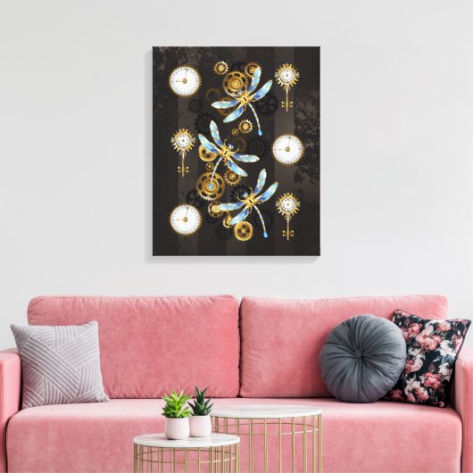 Steampunk Dragonflies op bruine gestreepte achterg Canvas Afdruk (Insitu (Woonkamer))