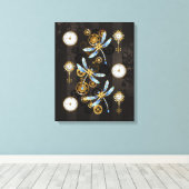 Steampunk Dragonflies op bruine gestreepte achterg Canvas Afdruk (Insitu (Houten vloer))