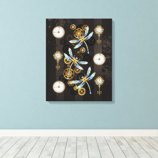 Steampunk Dragonflies op bruine gestreepte achterg Canvas Afdruk (Insitu (Houten vloer))