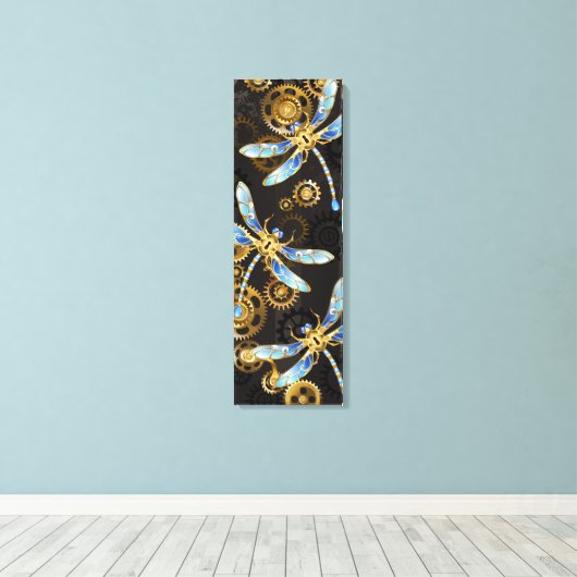 Steampunk Dragonflies op bruine gestreepte achterg Canvas Afdruk (Insitu (Houten vloer))