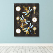 Steampunk Dragonflies op bruine gestreepte achterg Canvas Afdruk (Insitu (Houten vloer))