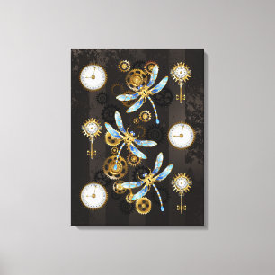 Steampunk Dragonflies op bruine gestreepte achterg Canvas Afdruk