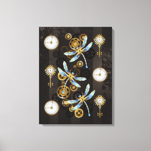 Steampunk Dragonflies op bruine gestreepte achterg Canvas Afdruk (Voorkant)
