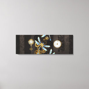 Steampunk Dragonflies op bruine gestreepte achterg Canvas Afdruk