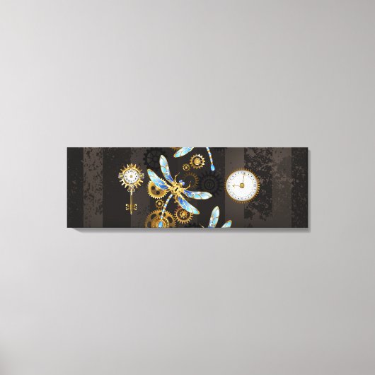 Steampunk Dragonflies op bruine gestreepte achterg Canvas Afdruk (Voorkant)