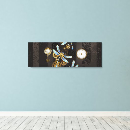 Steampunk Dragonflies op bruine gestreepte achterg Canvas Afdruk (Insitu (Houten vloer))