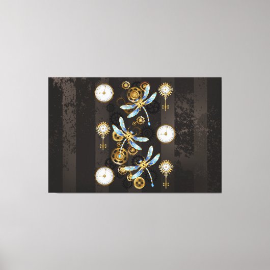Steampunk Dragonflies op bruine gestreepte achterg Canvas Afdruk (Voorkant)