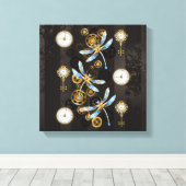 Steampunk Dragonflies op bruine gestreepte achterg Canvas Afdruk (Insitu (Houten vloer))