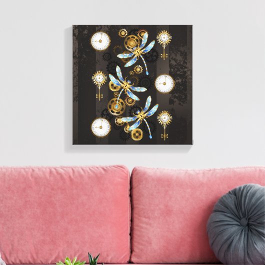 Steampunk Dragonflies op bruine gestreepte achterg Canvas Afdruk (Insitu (Woonkamer))