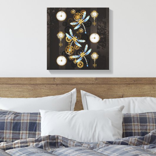 Steampunk Dragonflies op bruine gestreepte achterg Canvas Afdruk (Insitu (Slaapkamer))