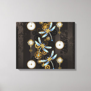 Steampunk Dragonflies op bruine gestreepte achterg Canvas Afdruk