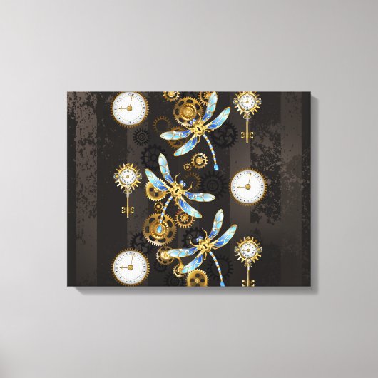 Steampunk Dragonflies op bruine gestreepte achterg Canvas Afdruk (Voorkant)