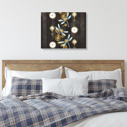 Steampunk Dragonflies op bruine gestreepte achterg Canvas Afdruk (Insitu (Slaapkamer))