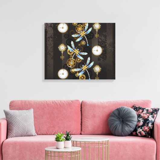 Steampunk Dragonflies op bruine gestreepte achterg Canvas Afdruk (Insitu (Woonkamer))