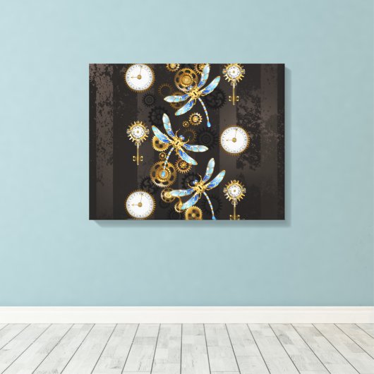 Steampunk Dragonflies op bruine gestreepte achterg Canvas Afdruk (Insitu (Houten vloer))