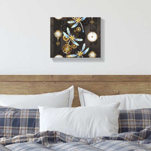 Steampunk Dragonflies op bruine gestreepte achterg Canvas Afdruk (Insitu (Slaapkamer))