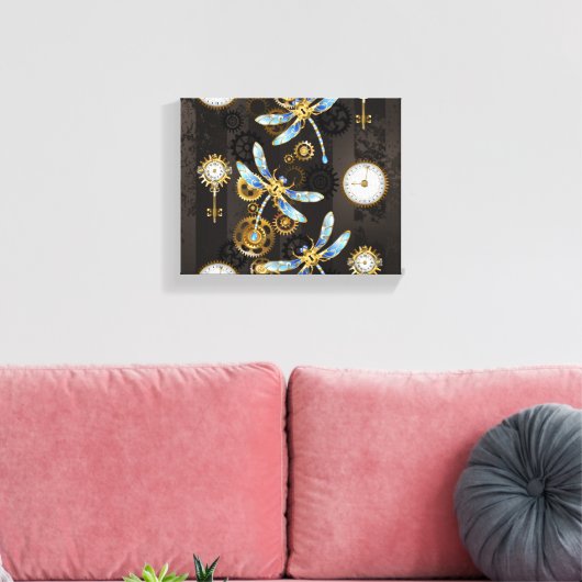 Steampunk Dragonflies op bruine gestreepte achterg Canvas Afdruk (Insitu (Woonkamer))