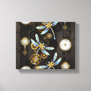Steampunk Dragonflies op bruine gestreepte achterg Canvas Afdruk
