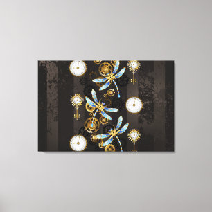 Steampunk Dragonflies op bruine gestreepte achterg Canvas Afdruk