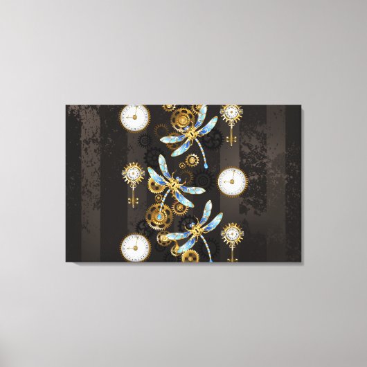 Steampunk Dragonflies op bruine gestreepte achterg Canvas Afdruk (Voorkant)