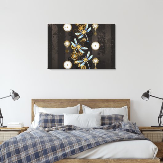 Steampunk Dragonflies op bruine gestreepte achterg Canvas Afdruk (Insitu (Slaapkamer))