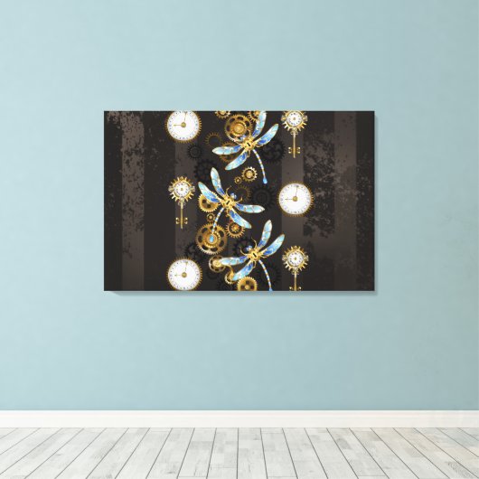 Steampunk Dragonflies op bruine gestreepte achterg Canvas Afdruk (Insitu (Houten vloer))