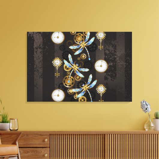 Steampunk Dragonflies op bruine gestreepte achterg Canvas Afdruk (Insitu (Woonkamer))