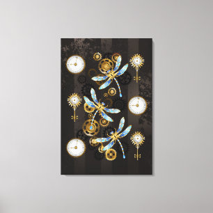 Steampunk Dragonflies op bruine gestreepte achterg Canvas Afdruk