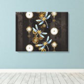 Steampunk Dragonflies op bruine gestreepte achterg Canvas Afdruk (Insitu (Houten vloer))