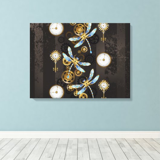 Steampunk Dragonflies op bruine gestreepte achterg Canvas Afdruk (Insitu (Houten vloer))