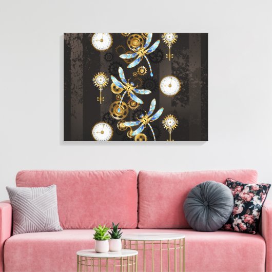 Steampunk Dragonflies op bruine gestreepte achterg Canvas Afdruk (Insitu (Woonkamer))