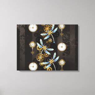 Steampunk Dragonflies op bruine gestreepte achterg Canvas Afdruk
