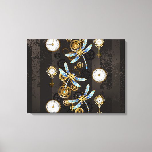 Steampunk Dragonflies op bruine gestreepte achterg Canvas Afdruk (Voorkant)