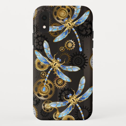Steampunk Dragonflies op bruine gestreepte achterg Case-Mate iPhone Case (Achterkant)