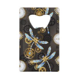 Steampunk Dragonflies op bruine gestreepte achterg Creditkaart Flessenopener