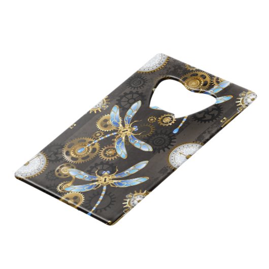 Steampunk Dragonflies op bruine gestreepte achterg Creditkaart Flessenopener (Voorkant Gekanteld)