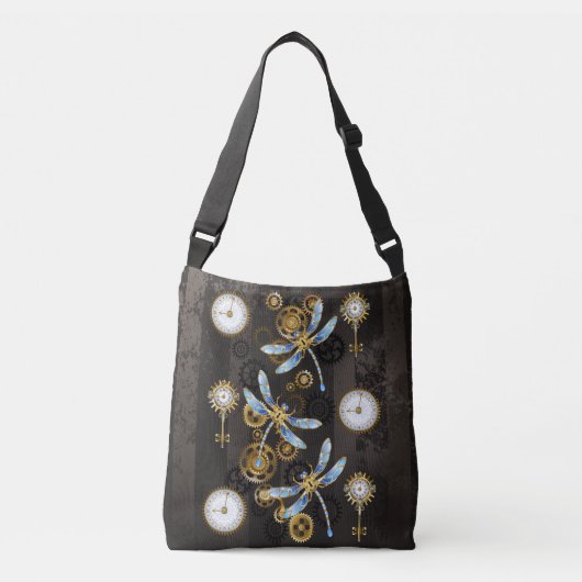 Steampunk Dragonflies op bruine gestreepte achterg Crossbody Tas (Voorkant)