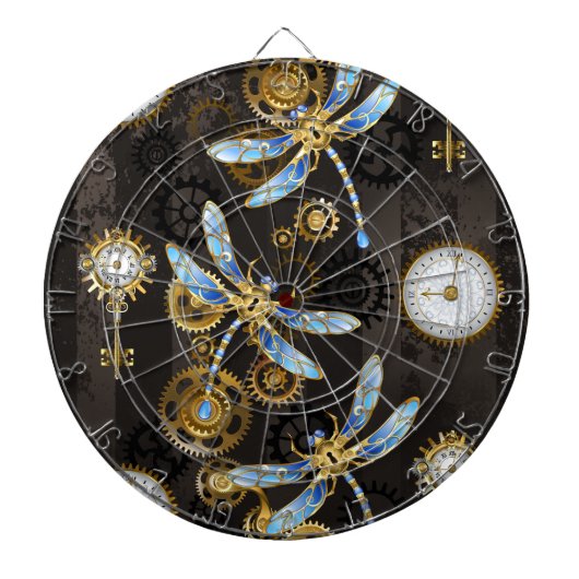 Steampunk Dragonflies op bruine gestreepte achterg Dartbord (Voorkant)