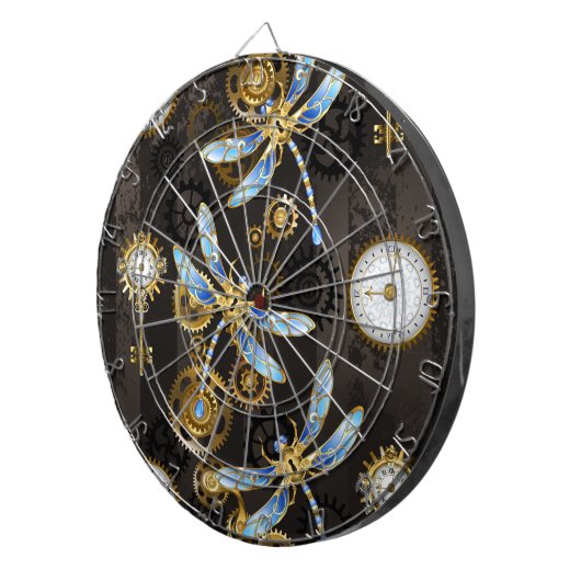 Steampunk Dragonflies op bruine gestreepte achterg Dartbord (Voorkant Rechts)