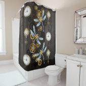 Steampunk Dragonflies op bruine gestreepte achterg Douchegordijn (In situ)