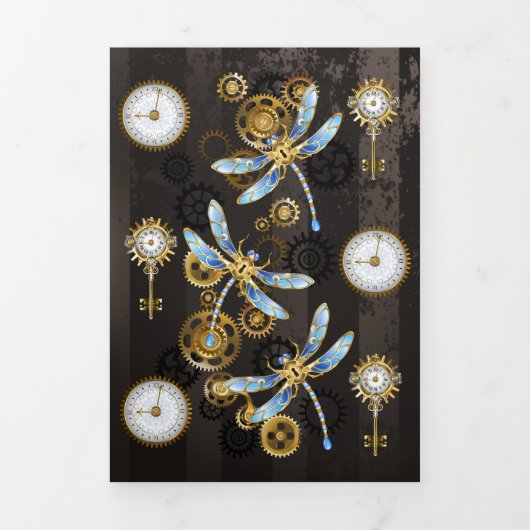 Steampunk Dragonflies op bruine gestreepte achterg Drieluik Aankondiging (Cover)