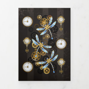 Steampunk Dragonflies op bruine gestreepte achterg Drieluik Wenskaart