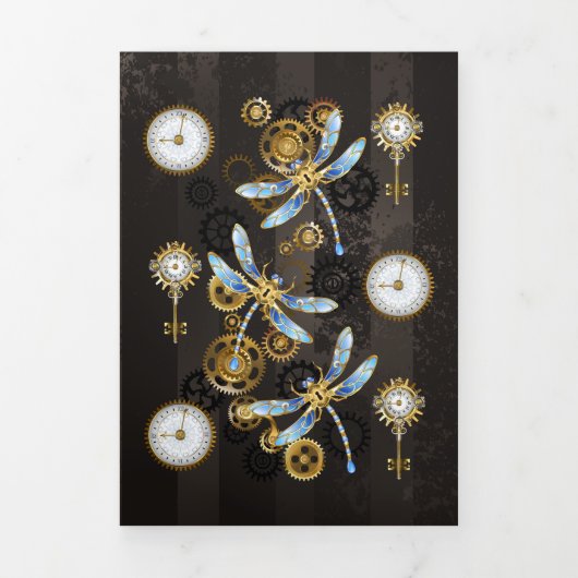 Steampunk Dragonflies op bruine gestreepte achterg Drieluik Wenskaart (Cover)