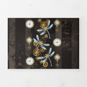 Steampunk Dragonflies op bruine gestreepte achterg Drieluik Wenskaart