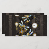 Steampunk Dragonflies op bruine gestreepte achterg Feestdagenkaart (Voorkant / Achterkant)