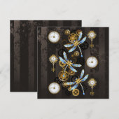 Steampunk Dragonflies op bruine gestreepte achterg Feestdagenkaart (Voorkant / Achterkant)