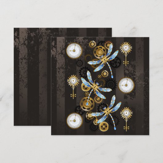 Steampunk Dragonflies op bruine gestreepte achterg Feestdagenkaart (Voorkant / Achterkant)