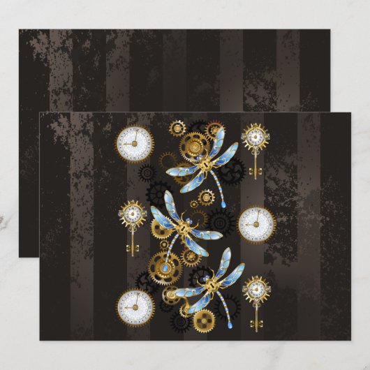 Steampunk Dragonflies op bruine gestreepte achterg Feestdagenkaart (Voorkant / Achterkant)