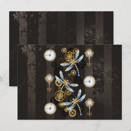 Steampunk Dragonflies op bruine gestreepte achterg Feestdagenkaart (Voorkant / Achterkant)